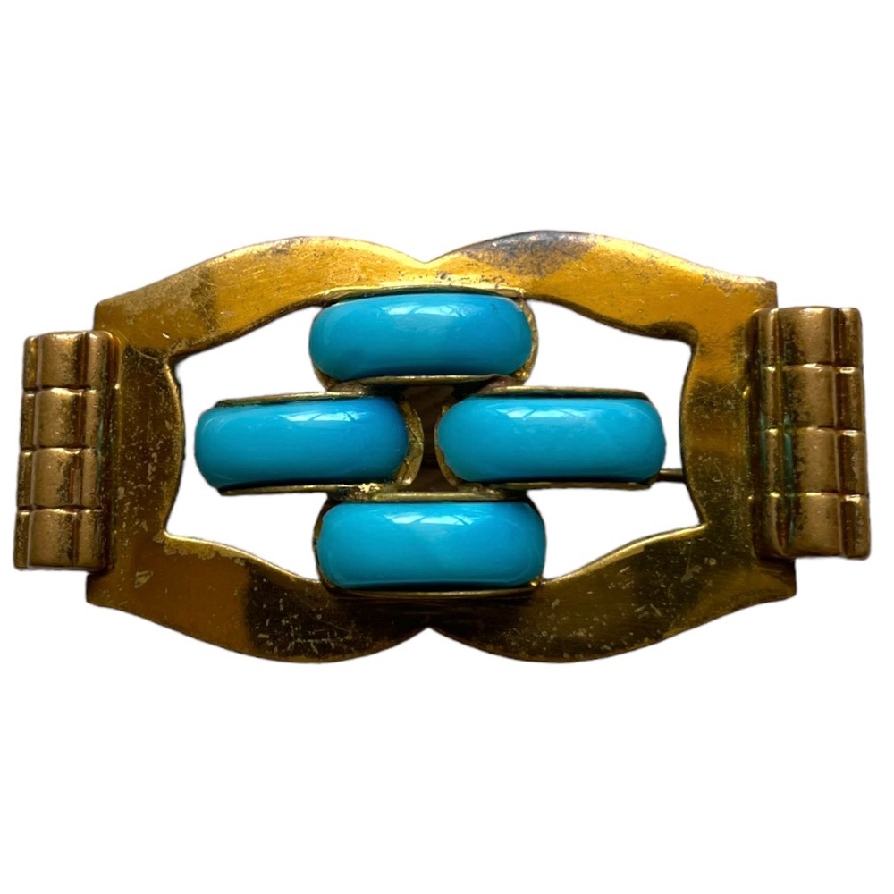1930s Art Nouveau Gold Tone Geometric Pattern Metal with Turquoise Glass - Picture 7 of 8